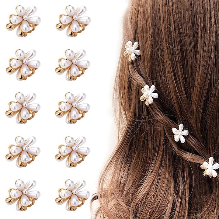 Set de 10 agrafe de par perle TREXORA stil vintage frantuzesc design floare margareta alb