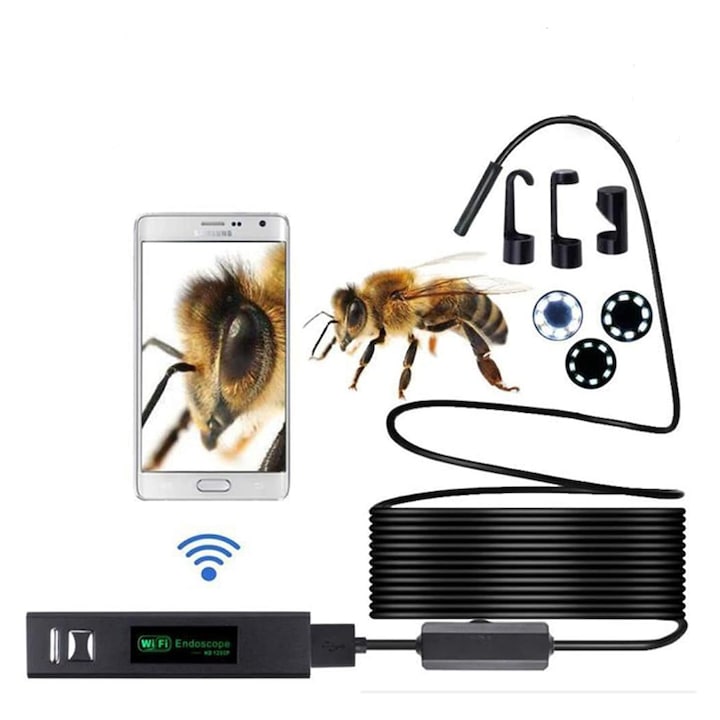 Rqiurpn Wi-Fi Endoscope 8 LED 1200P HD 10 m IP68 Waterproof Portable Compatible with iOS/Android Black