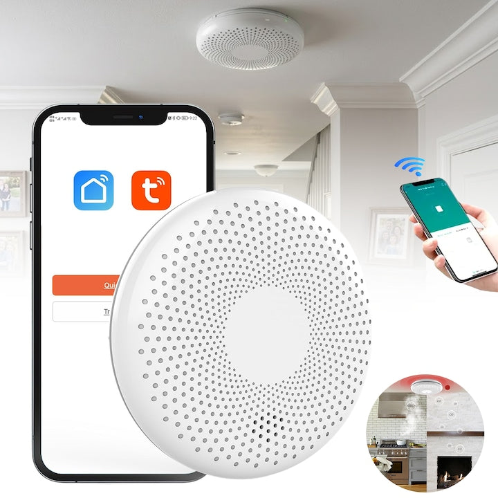 JFYU 2-in-1 Smart Smoke and Carbon Monoxide Detector, Wi-Fi, Sound and Light Alarm, 85dB, 2 Installation Methods, Smart Life / Tuya APP, Built-in 10-Year Battery, Suitable for Kitchen, Bathroom, Living Room, Office, White