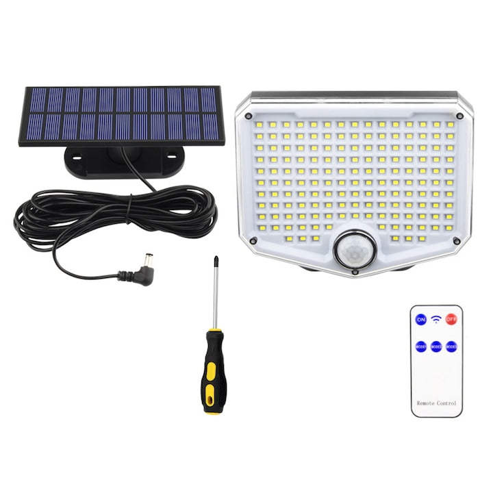 Lampa Solara LED cu telecomanda SINBINTA Ajustabila 156 LED Senzor de miscare si lumina Cablu 5m Baterie inclusa 1500 mAh Lungime cablu 5 metri Usor de utilizat Rezistenta la apa IP65 ABS Negru