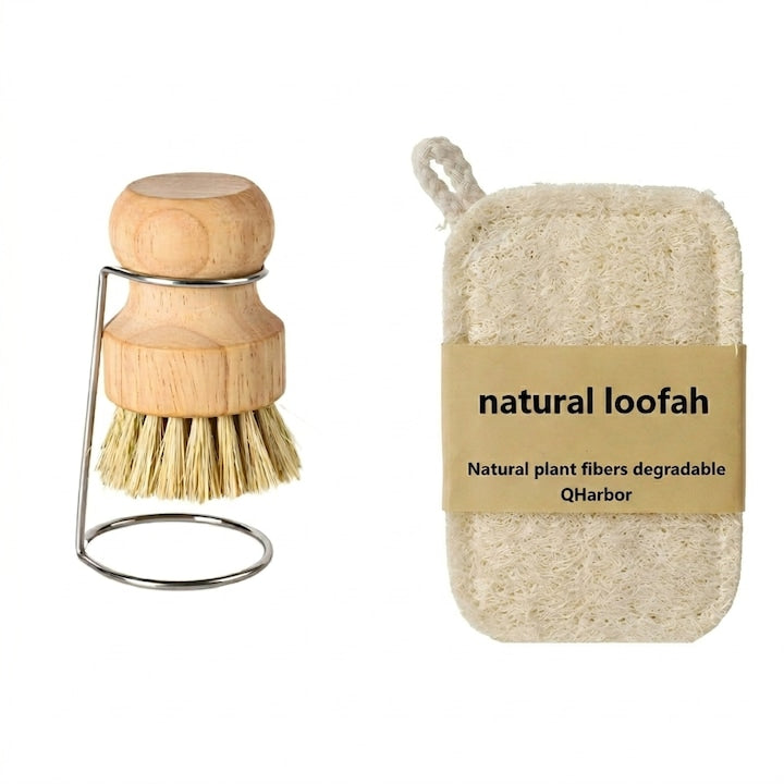 Perie Sisal si Burete Lufa Naturala 100% Biodegradabile Protectie Anti-Zgariere Set Curatenie Bucatarie cu Suport Inox