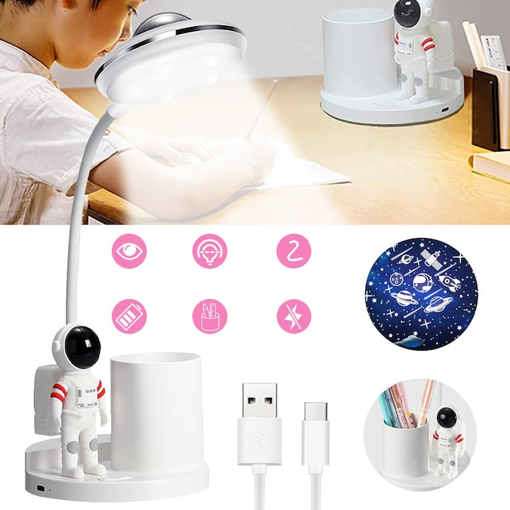 Astronaut LED Lamp for Kids, Pen Holder, Dimmable LED Projector Desk Lamp with USB Charging Ports, Reading Light for Home Office, Bedroom