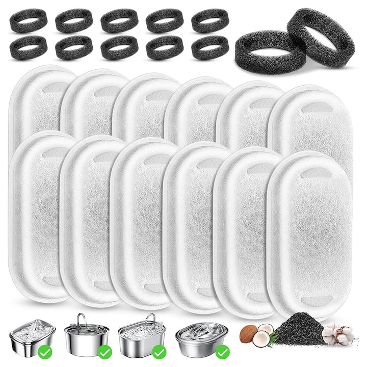 Set of 24 replacement filters for SINBINTA water dispenser, 12 cotton filters and 12 pre-filter sponges, Purification, Easy to install, Effectively removes impurities and hairs, Cotton/Activated carbon, 7.6x4.3 cm, White/Black