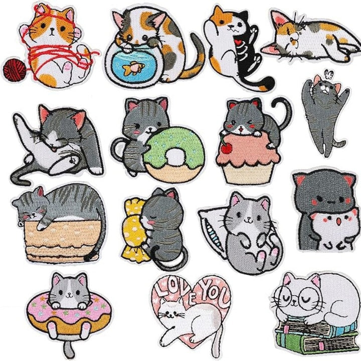 Set 18 Piese Patches Brodate pentru Imbracaminte Aplicatii cu Pisici Multicolor