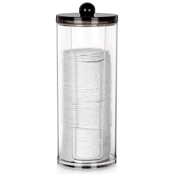 Recipient Pentru Tampoane Cosmetice Vilde Capac Cu Inchidere Alimentator Convenabil Reumplere Usoara Diametru 7 cm Inaltime 19 cm Transparent