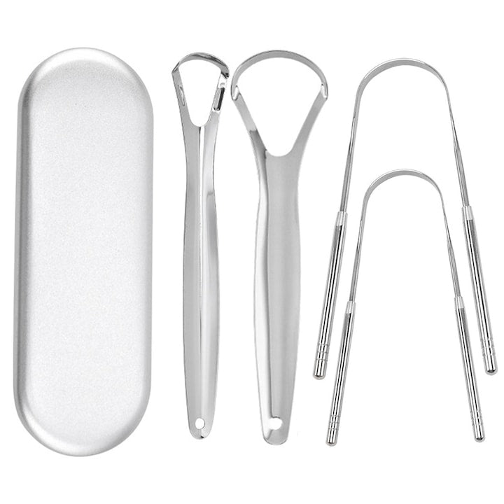 Set 4 bucati ustensile curatare pentru limba Axroad Mall Anti halitoza Rezistent la coroziune Pentru adulti si copii Usor de curatat Cu cutie de depozitare Imbunatatiti sanatatea orala Otel inoxidabil Argintiu