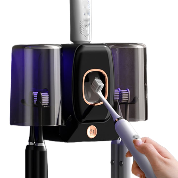 Automatic toothpaste dispenser with sensor, 2 mouthwash cups, UV lamp beads, 99.99% germicidal efficacy, for 4 toothbrushes, 360° coverage, long-lasting sterilization, 5 minutes, black