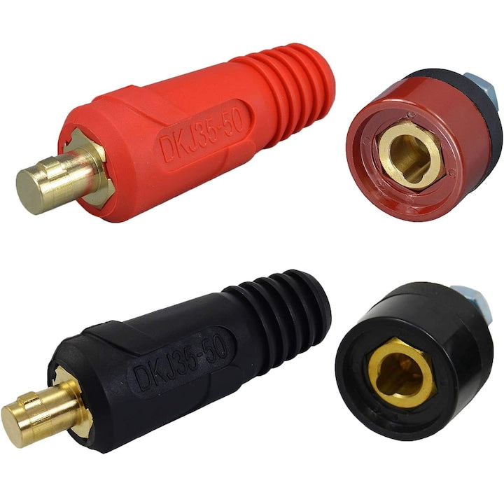 Set of 2 welding cable connectors DKJ35-50 male cable and female panel connectors Black/Red