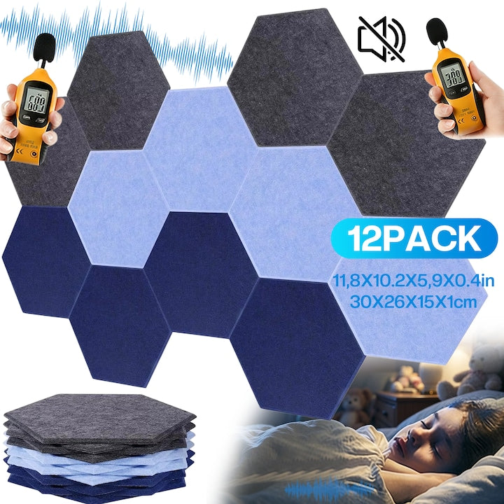 Set 12 Panouri Acustice Autoadezive Design Autoadeziv Reduce Zgomotul de Fond Suprafata Este Neteda Sigura si Durabila Hexagonal Rezistente la Flacara Pentru Studiouri de Inregistrari Home Theaters Sali de Conferinte Poliester 30x25x1cm Gri albastru
