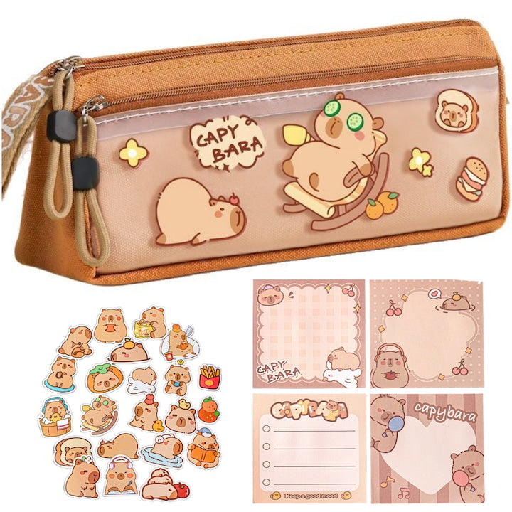 Capybara Fantasy School Pencil Case, Includes 4 Random Capybara Sticky Notes and 50 Capybara Stickers, 2 Zippers, Wide Opening Design, Triangular Base, Easy to Clean, Multifunctional, 21x6.5x9.5 cm, Canvas, Kids' Pencil Case