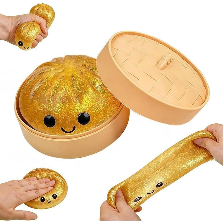 Jucarii Antistres Squishy Golden Bun pentru ameliorarea stresului - Jucarie de stoarcere a galustelor stralucitoare cu abur din bambus Jucarie senzoriala moale stoarcabila Potrivita pentru copii si adulti 2Pcs