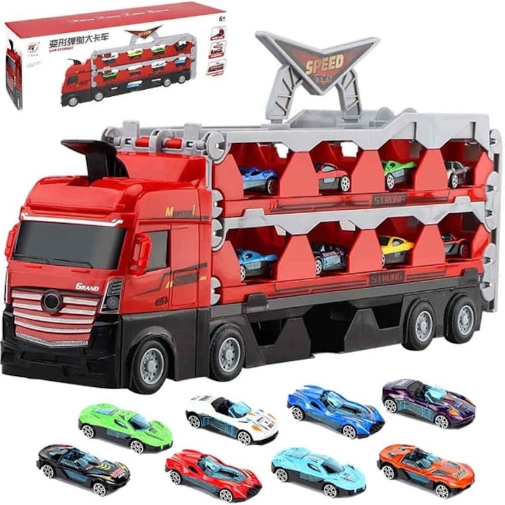 Camion de curse cu pista de lansare si 24 masinute set de joc pentru copii multicolor plastic eco-friendly
