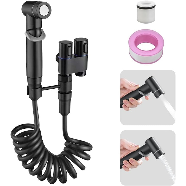 Hygienic Shower Set for Intimate Hygiene with Brass Water Sprayer for Toilet Space Saver with Dual Control One-in-Two Angle Valve Adjustable Pressure Black