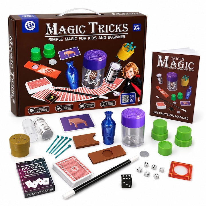 Set de Magie pentru Copii Peste 135 de Trucuri Kit pentru Incepatori 6+ Ani cu Accesorii si Manual de Instructiuni Joc Educativ si Cadou