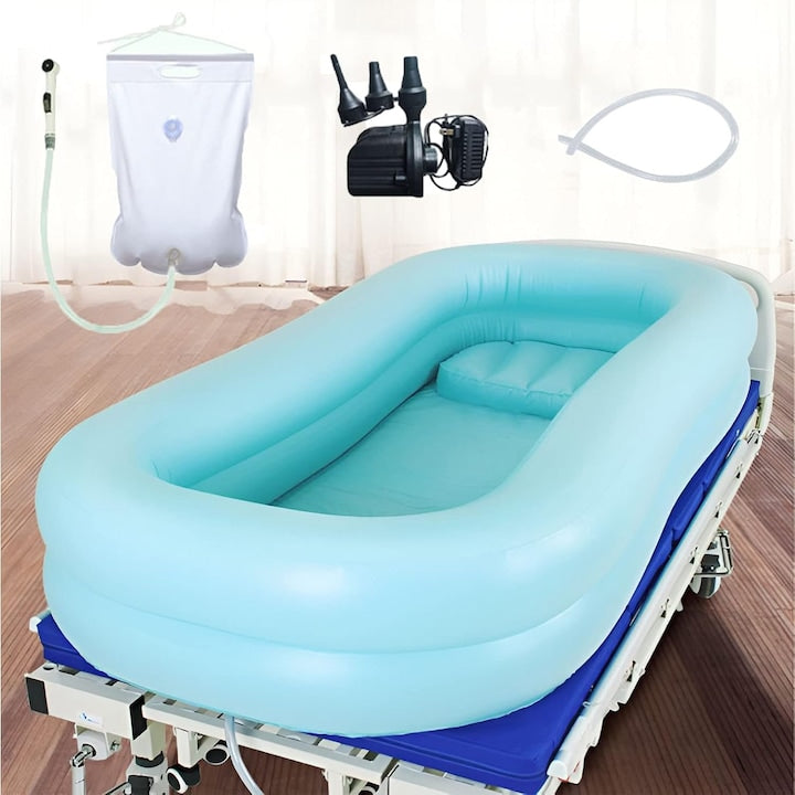 WALALLA Inflatable Bathtub for Patients and Bedridden Individuals with Headrest, Mobile Shower Bathtub and Pump, Medium Height, Assistance Device, 220 x 100 x 35 cm, PVC, Blue
