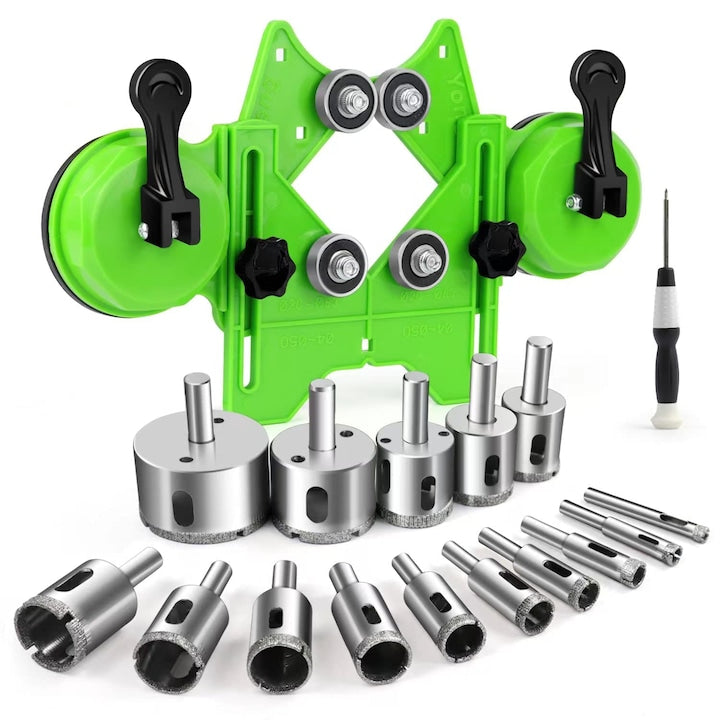 Set de ferastrau cu gaura cu diamant 17 buc. Seturi de burghie pentru tigla cu ventuze duble Dispozitiv de ghidare pentru ghidaj de ferastrau de la 83 mm Set de ferastrau cu gaura tubulara pentru ceramica sticla portelan marmura granit WALALLA