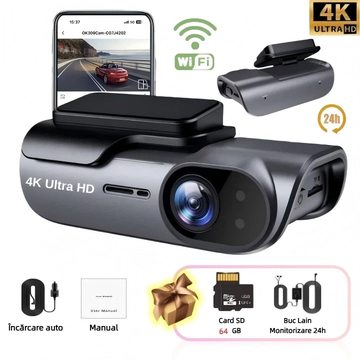 Camera Auto De Bord DVR cu Memorie 64 GB 3840×2160 4K UHD WiFi Unghi 170° Night Vision WDR Inregistrare in Bucla G-sensor Detectare Miscare Cabluri Pentru 24h Functia Parking Mode Incluse in Pachet Negru