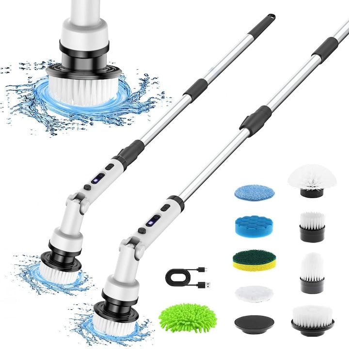 Perie electrica rotativa de curatare eficienta fara efort maner extensibil multifunctionala fara fir 9 capete de perie inlocuibile 3 viteze reglabile Cap de perie reglabil cu maner reglabil si detasabil ALB LAPTOS