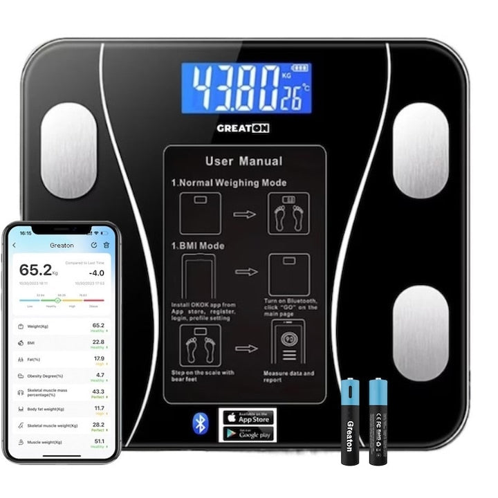 Cantar Corporal Inteligent Cu Aplicatie Telefon GREATON De Baie Electronic Sticla Securizata Design Elegant Smart Afisaj LCD Negru