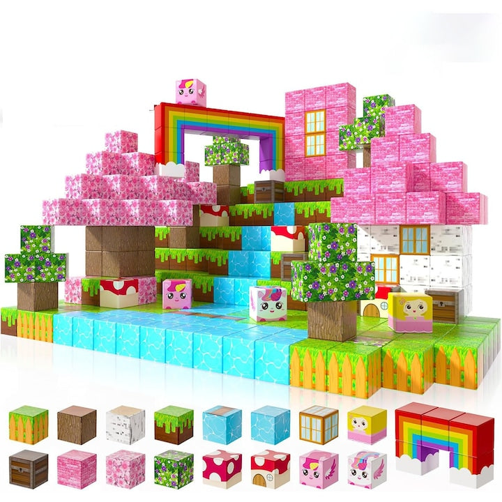 Blocuri magnetice 100 buc cuburi magnetice cu unicorn jucarii magnetice pentru copii mici Montessori cadouri de Craciun si aniversare jucarii senzoriale STEM pentru fete