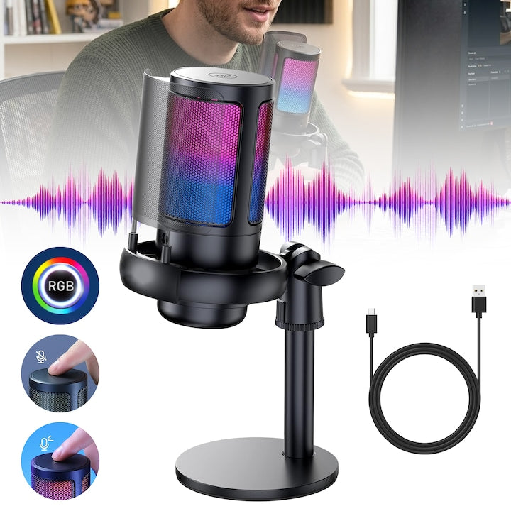 Microfon Condensator Microfon Condensator Pentru Jocuri cu Functie de Mutare Rapida Brat Ajustabil Reducere zgomot fundal Filtru Anti-Vant Indicator RGB Montare Anti-Vibratii 180cm Cablu USB Negru