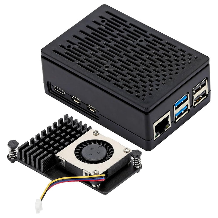 Carcasa ABS pentru Raspberry Pi 5 4GB/8GB cu radiator si ventilator capac superior detasabil acces la toate porturile OUYLAF Negru
