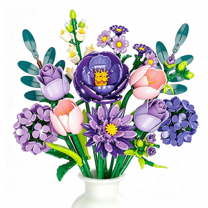 Building Set Bouquet of 14 Flowers (Camellia, Rose, Hydrangea, Bluebell) Creative Blocks, Adjustable Petals, Elegant Gift (Vase Not Included) Purple