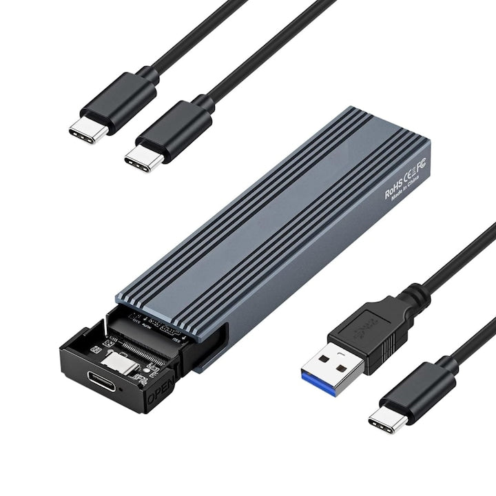 Carcasa externa SSD M.2 NVMe SATA Adaptor USB 3.2 Gen 2 Type-C 10Gbps pana la 8TB 2230/2242/2260/2280 cabluri USB-C la C si USB-A la C OUYLAF Gri