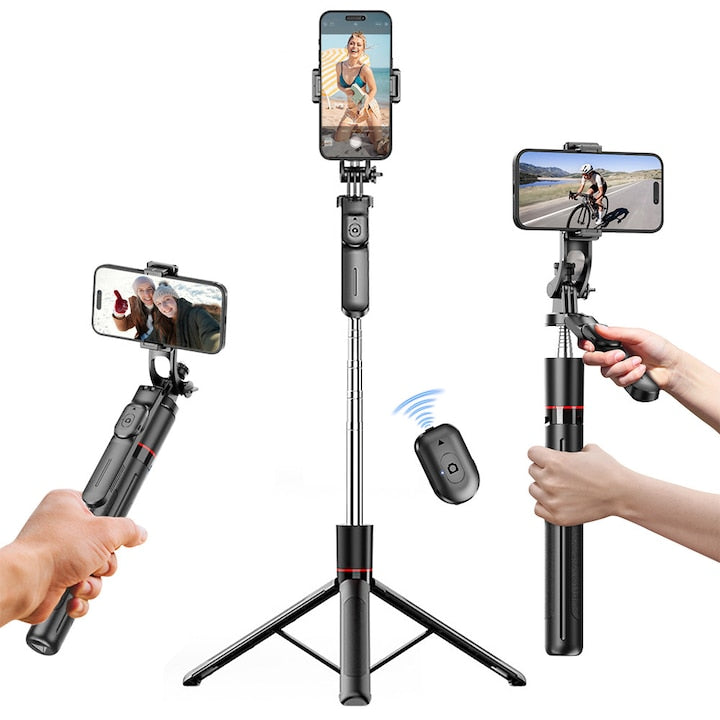 Trepied Foto Telescopic 170 CM Cadru din aliaj de aluminiu Functie Selfie Stick Telecomanda Bluetooth Detasabila Compatibil iOS / Android negru