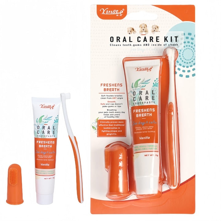 Set de ingrijire orala pentru pisici si caini pasta de dinti + periuta de dinti + perie pentru degete tartru curat ingrijire pentru igiena orala aroma de vanilie 70 de grame de pasta de dinti