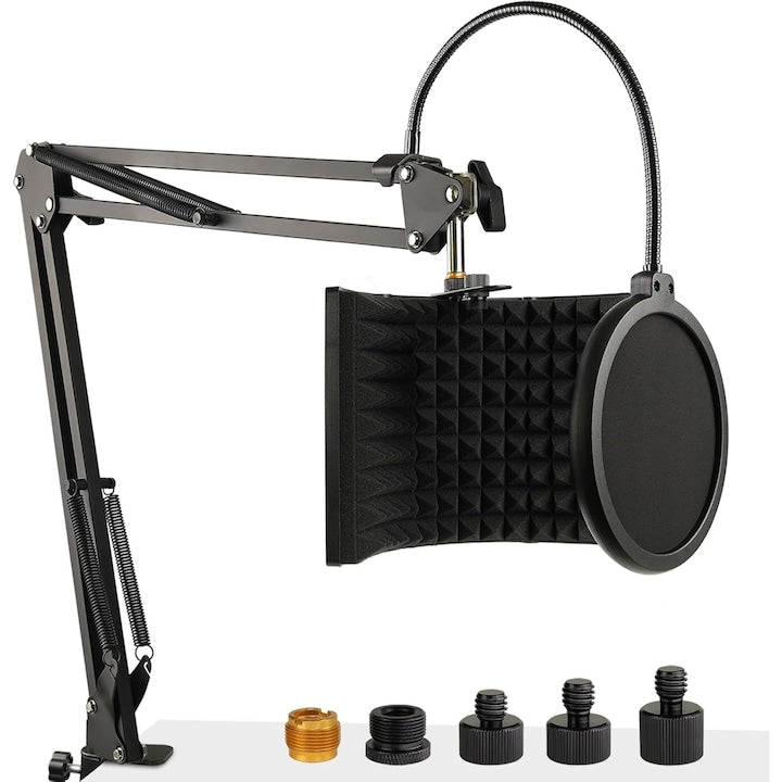 Piduules Microphone Stand with Pop Filter and Integrated Acoustic Panel, 360° Adjustable, Foldable, Portable, Desktop and Stand Mount, Anti-Echo Soundproofing Sponge, Black