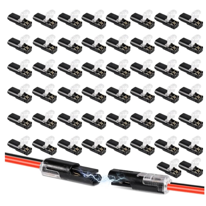 Set of 50 Quick Splice Connectors for Electrical Wires Reusable 2-Pin Quick Splice Connector 18-22AWG Max Current 9A For vehicles, speakers, LED strip lights, PC, Black
