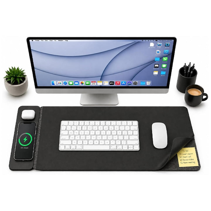 Mousepad cu Incarcare Rapida Wireless 2x15W Omelivon Protectie Pentru Birou Rezistent la Apa si Usor de Curatat Design Premium - Reversibil Separabil cu Atractie Magnetica Pentru Gaming Birou Office Anti-Derapant 37x78cm lungime Negru