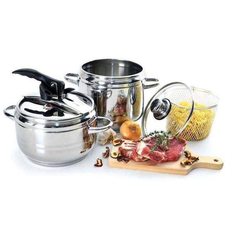 Set De Oale Sub Presiune Cu Capace Si Cos Orion Profi 3.5 L si 5 L 13x19.5 cm 17x23 cm Fabricate Din Otel Inoxidabil Ventile De Siguranta Integrate Potrivite Pentru Spalarea In Masina De Spalat Vase (Fara Capac) Eficiente Energetic Multicolor