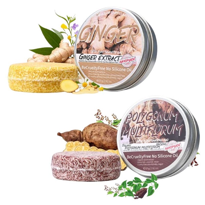 Set sampon solid pentru cresterea parului 1 x Sapun cu Ghimbir si 1 x Sapun cu shouwu hraneste scalpul si radacinile parului promoveaza cresterea parului natural unisex 60g
