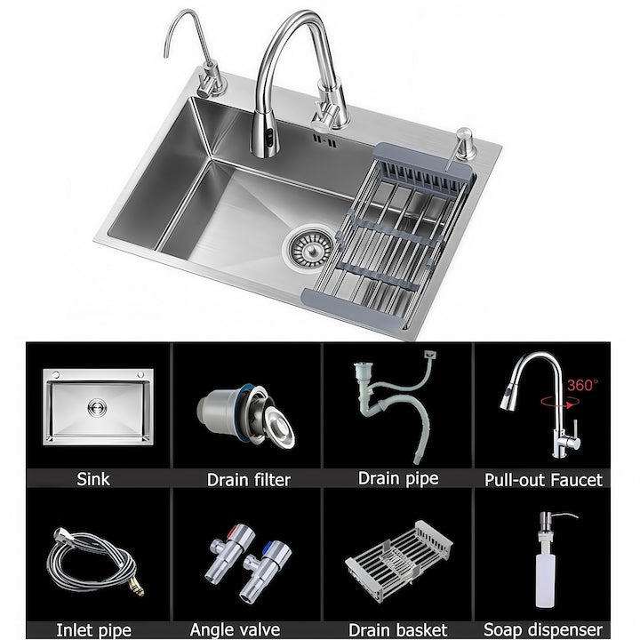 Pachet chiuveta Wacorresi Chiuveta simpla cu cos de scurgere telescopic montare pe blat Otel inoxidabil de inalta calitate capacitate mare blat ingrosat capacitate portanta crescuta rezistenta la uzura si zgarieturi 75x45x20cm Argint