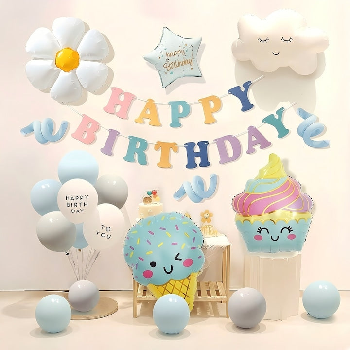 Set Baloane Petrecere Aniversare Copii Inghetata Albastru Deschis Alb Decoratiuni cu Banner La Multi Ani Baloane Folie si Latex