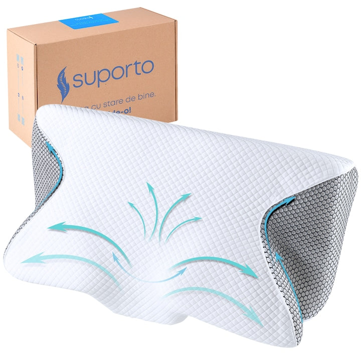 Perna Ortopedica Cervicala pentru dormit cu Extensii si Suport ergonomic pentru gat din spuma cu memorie Suporto Alb cu Negru