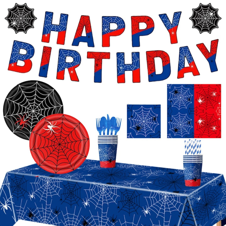 Spider-Man Fantasy Party Decorations and Tableware Set, 82 pieces, red and blue theme, for 10 people, 108x180cm table, banner, plates, napkins, cups, straws, cutlery