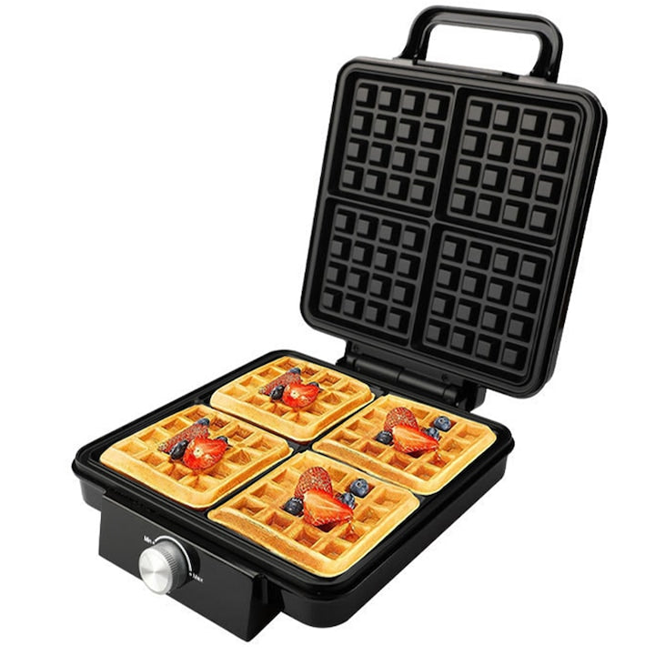 Aparat de preparat waffles Rqiurpn 1500W Capacitate 4 vafe Buton reglare temperatura Placi antiaderente Indicator luminos Protectie supraincalzire Oprire automata Negru