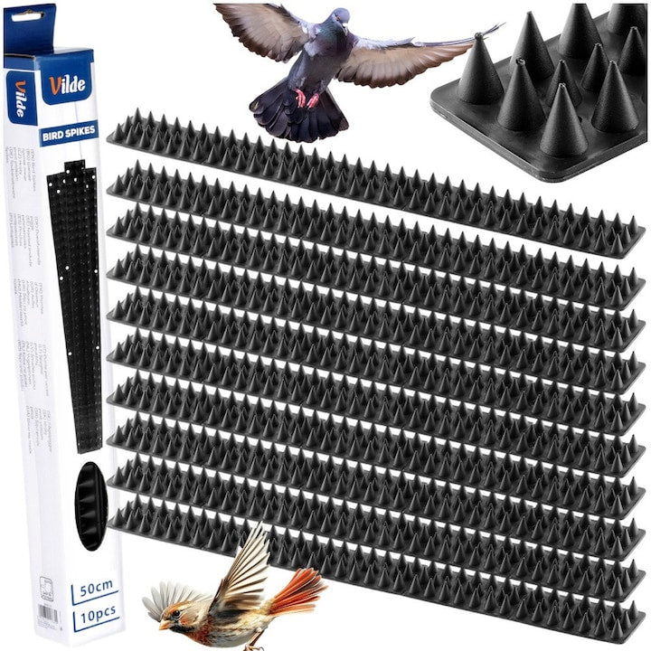 Set of 10 Spike Strips Against Birds and Cats, Vilde Repellent, 50x4.3 cm (Total Length 5 M), Black, Durable Plastic, Anti-Pigeon Strip with 115 Spikes, Effective Protection for Sills, Balconies, Roofs, Railings, UV Resistant
