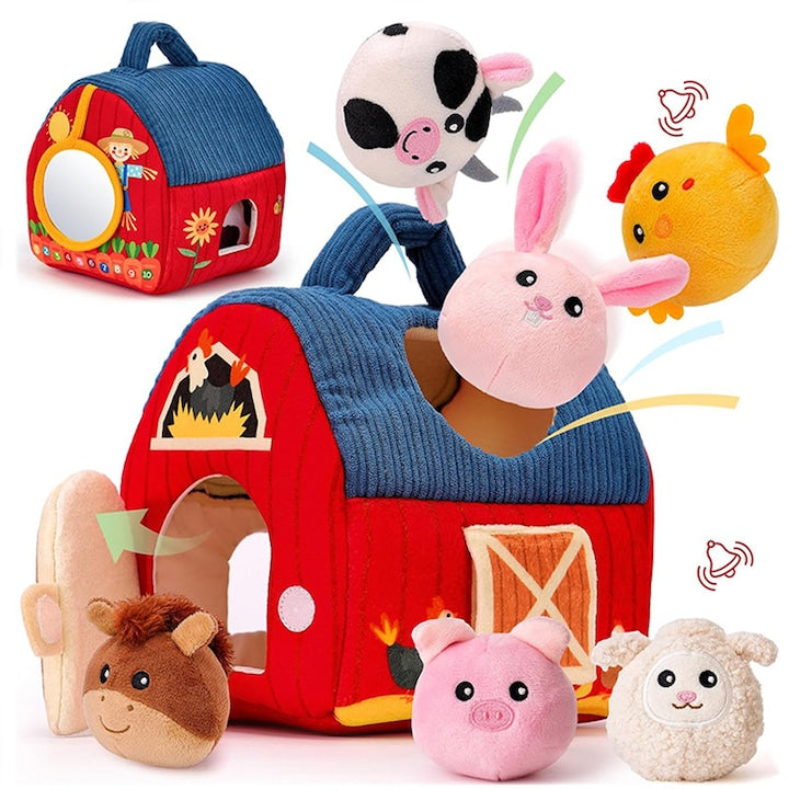 Jucarie Interactive pentru Bebelusi Duueyct Hambar surpriza cu animale de ferma umplute Hartie incretita Oglinda Cu 6 animale senzoriale Sunete de zornait Jucarii Montessori pentru 1-3 ani