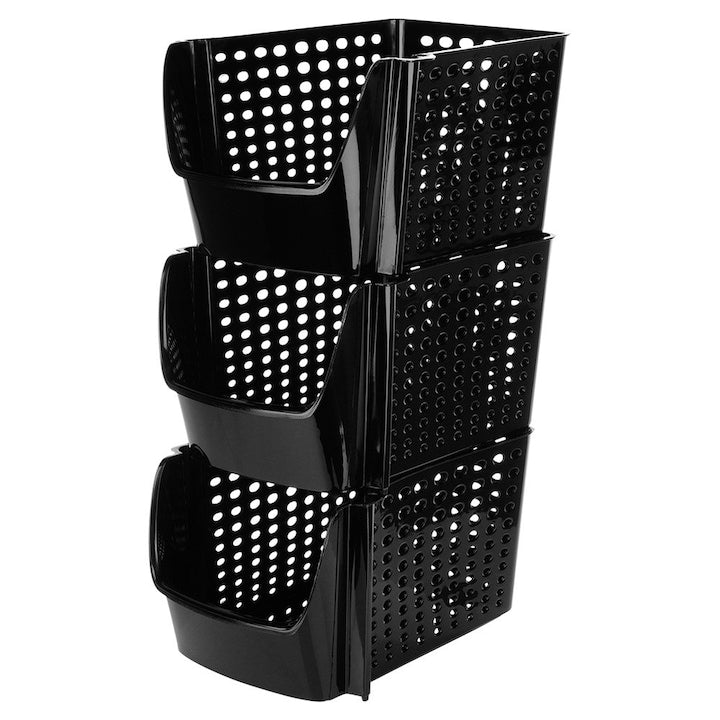 Set Recipient Pentru Legume Si Fructe Vilde 29 x 21 x 16 cm Fabricat Din Materiale Rezistente Suprafata Perforata Pentru Circulatia Aerului Sigur Pentru Sanatate Fara BPA Posibilitate De Stivuire 3 Buc. Negru