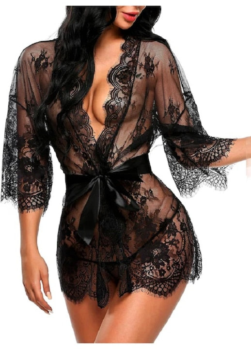 AjieQaQ - Set lenjerie intima halat transparent din dantela cu tanga negru misterios 40-65kg curele ajustabile design fara cusaturi spalabil in masina costum roleplay pentru dormitor cadou pentru aniversari sau luna de miere