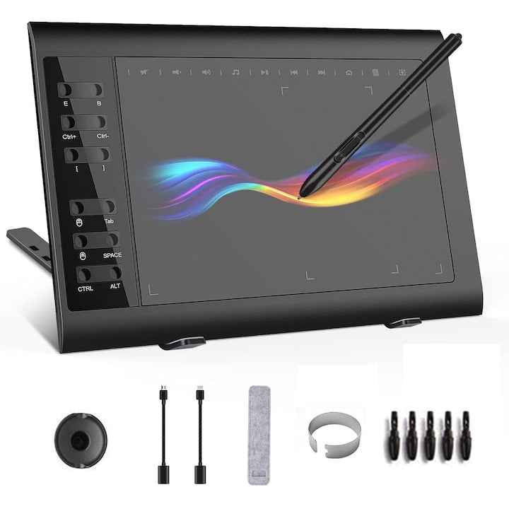 Tableta grafica pentru desen 10 x 6 inchi stilou fara baterie cu 8192 niveluri de presiune 12 butoane USB compatibila Windows/Mac/Android YQLAFT Negru