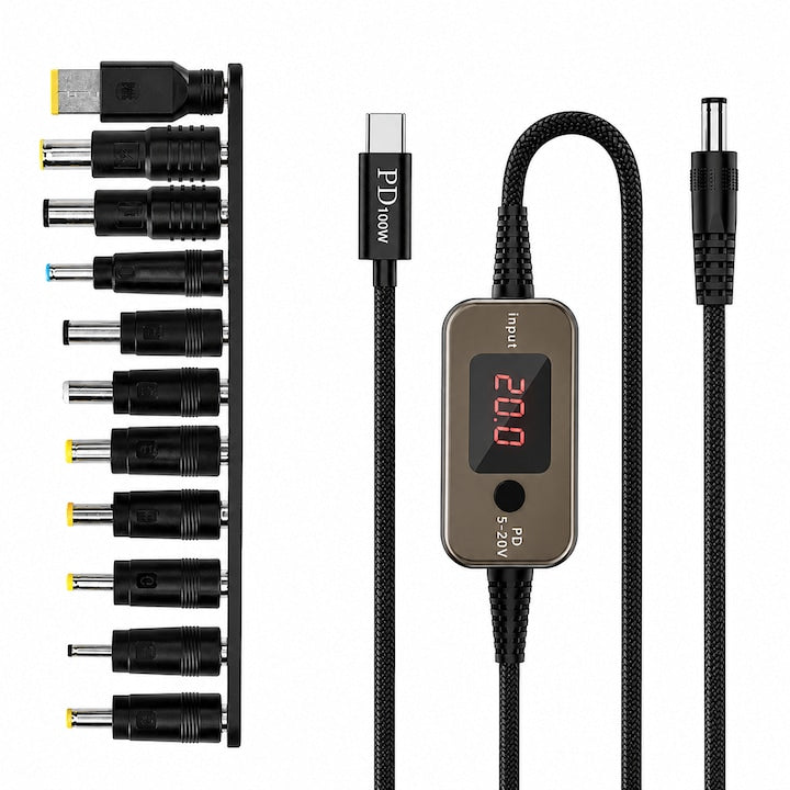 Cablu de alimentare USB-C la curent continuu ZOUN 9 V 12 V 15 V 20 V tensiune reglabila 100 W 5 trepte de reglare cu 10 adaptoare universal aliaj de zinc negru