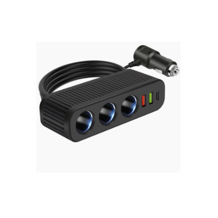 FM Bluetooth Car Transmitter Cigarette Lighter Splitter with 3 Sockets QC3.0 + PD Fast Charging 12V-24V Black