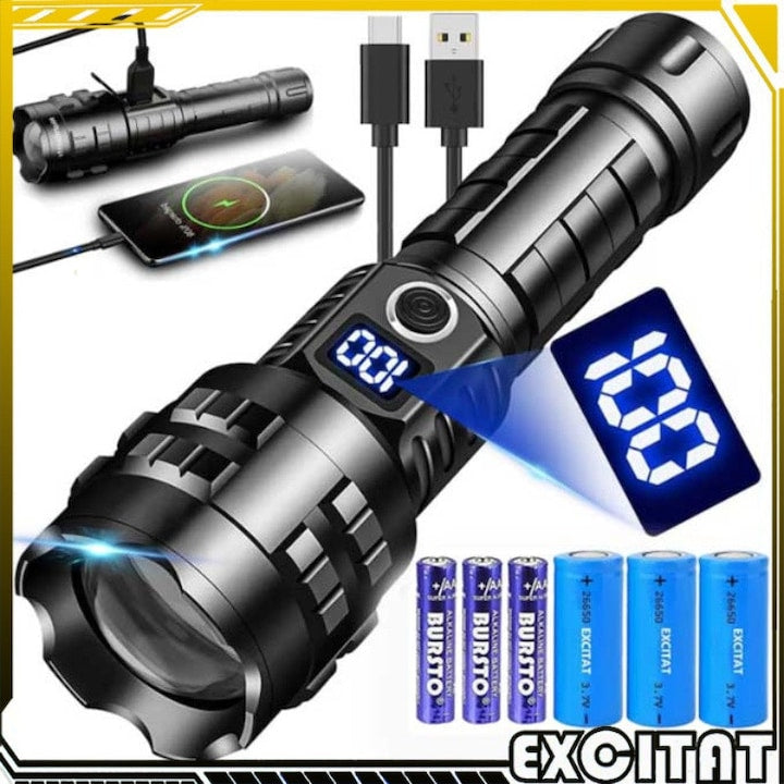 Lanterna puternica LED Excitat® Profesionala XHP90 3000mAh 5 Moduri iluminare Afisaj digital Zoom telescopic Lanterna recarcabila Aliaj de aluminiu Ideala pentru Camping Drumetii Supravietuire Explorare si Urgente