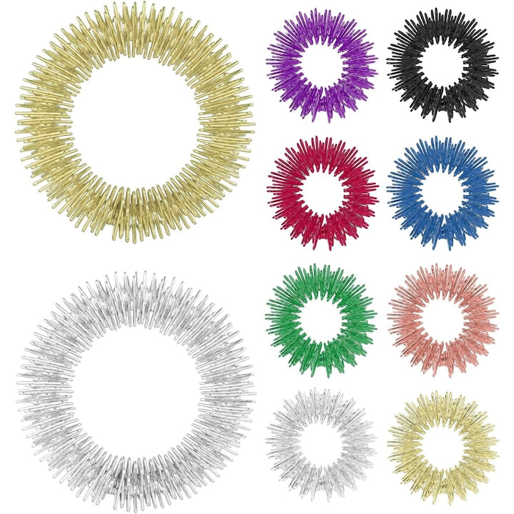 Pack of 10 Spiky Massage Rings for Stress Reduction, 2 Different Sizes, Multicolor