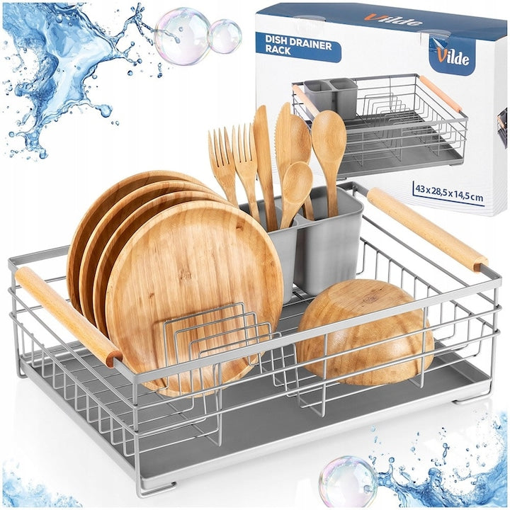 Suport Pentru Vase Vilde 43x28.5x14.5 cm Fabricat Din Otel Inoxidabil Tava De Scurgere Detasabila Manere Din Lemn Usor De Curatat Calitate Inalta A Materialelor Gri